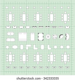 Set of simple 2d flat vector illustrations for interior outline design on scale technical grid background