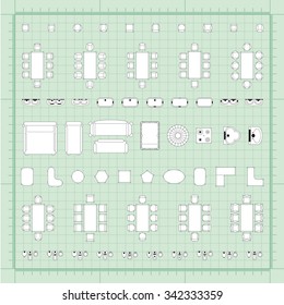 Set of simple 2d flat vector illustrations for interior outline design on scale technical grid background