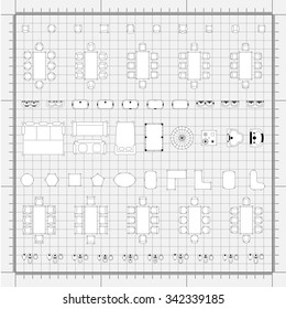 Set of simple 2d flat vector icons furniture for floor plan outline on blueprint technical grid background 