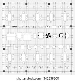 Set of simple 2d flat vector icons furniture for floor plan outline on blueprint technical grid background 