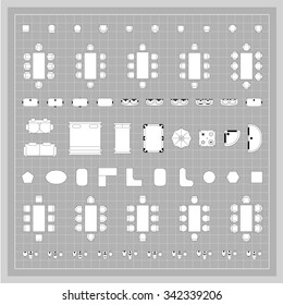 Set of simple 2d flat vector icons furniture for floor plan outline on blueprint technical grid background 