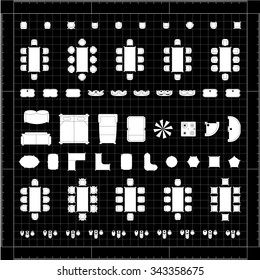 Set of simple 2d flat vector icons furniture for floor plan outline on blueprint technical grid background 