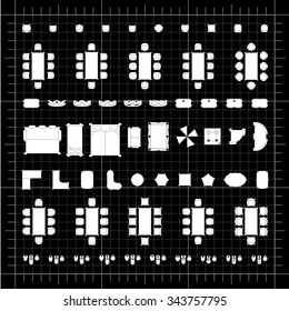 Set of simple 2d flat vector icons furniture for floor plan outline on blueprint technical grid background 