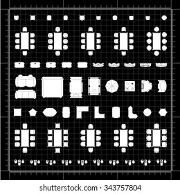 Set of simple 2d flat vector icons furniture for floor plan outline on blueprint technical grid background 