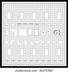 Set of simple 2d flat vector icons furniture for floor plan outline on blueprint technical grid background 