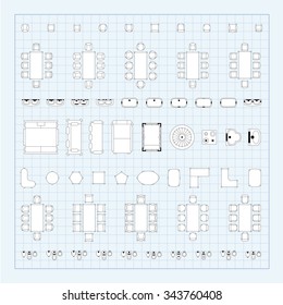 Set of simple 2d flat vector illustrations for interior outline design on scale technical grid background