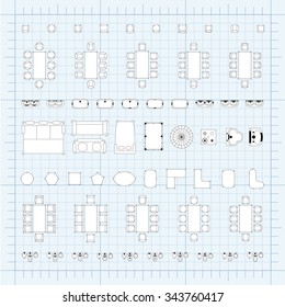 Set of simple 2d flat vector illustrations for interior outline design on scale technical grid background