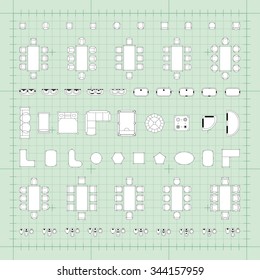 Set of simple 2d flat vector icons furniture for floor plan outline on blueprint technical grid background 