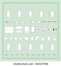 Set of simple 2d flat vector icons furniture for floor plan outline on blueprint technical grid background 