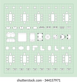 Set of simple 2d flat vector icons furniture for floor plan outline on blueprint technical grid background 