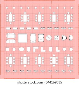 Set of simple 2d flat vector illustrations for interior outline design on scale technical grid background