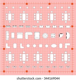 Set of simple 2d flat vector illustrations for interior outline design on scale technical grid background