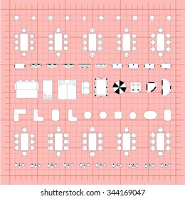 Set of simple 2d flat vector illustrations for interior outline design on scale technical grid background