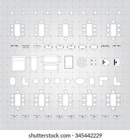Set of simple 2d flat vector illustrations for interior outline design on scale technical grid background