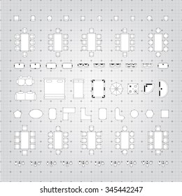 Set of simple 2d flat vector illustrations for interior outline design on scale technical grid background