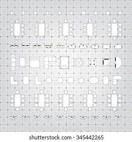 Set of simple 2d flat vector illustrations for interior outline design on scale technical grid background