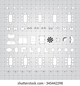 Set of simple 2d flat vector illustrations for interior outline design on scale technical grid background