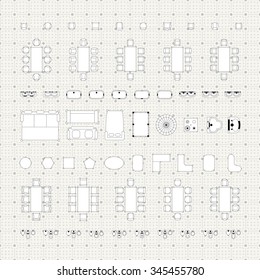 Set of simple 2d flat vector icons furniture for floor plan outline on blueprint technical grid background