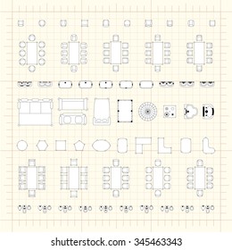Set of simple 2d flat vector illustrations for interior outline design on scale technical grid background