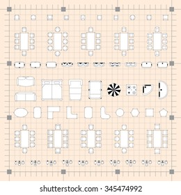 Set of simple 2d flat vector icons furniture for floor plan outline on blueprint technical grid background