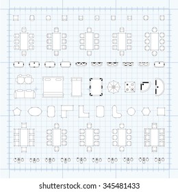 Set of simple 2d flat vector illustrations for interior outline design on scale technical grid background