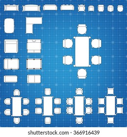 Set of simple 2d flat vector icons furniture for floor plan outline on blueprint technical grid background 