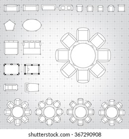 Set of simple 2d flat vector icons furniture for floor plan outline on blueprint technical grid background 