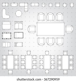 Set of simple 2d flat vector icons furniture for floor plan outline on blueprint technical grid background 