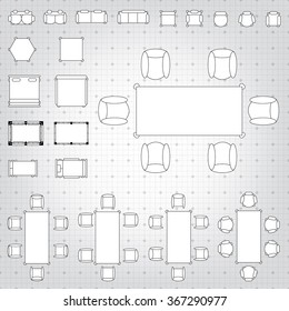 Set of simple 2d flat vector icons furniture for floor plan outline on blueprint technical grid background 