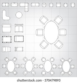 Set of simple 2d flat vector icons furniture for floor plan outline on blueprint technical grid background 