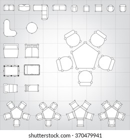 Set of simple 2d flat vector icons furniture for floor plan outline on blueprint technical grid background 