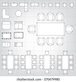Set of simple 2d flat vector icons furniture for floor plan outline on blueprint technical grid background 