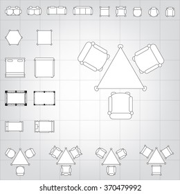 Set of simple 2d flat vector icons furniture for floor plan outline on blueprint technical grid background 