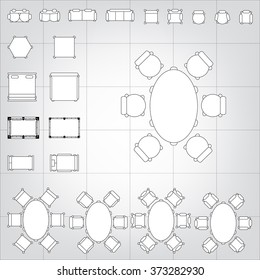 Set of simple 2d flat vector icons furniture for floor plan outline on blueprint technical grid background 