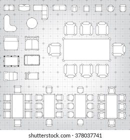 Set of simple 2d flat vector icons furniture for floor plan outline on blueprint technical grid background