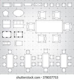 Set of simple 2d flat vector icons furniture for floor plan outline on blueprint technical grid background