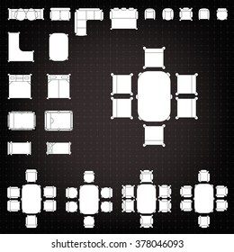 Set of simple 2d flat vector icons furniture for floor plan outline on blueprint technical grid background