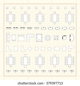 Set of simple 2d flat vector icons furniture for floor plan outline on blueprint technical grid background