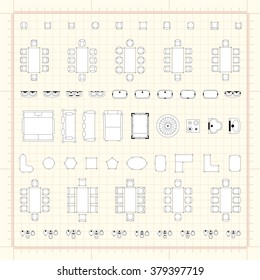 Set of simple 2d flat vector icons furniture for floor plan outline on blueprint technical grid background