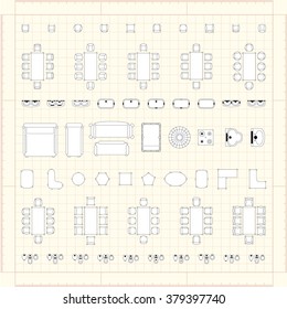 Set of simple 2d flat vector icons furniture for floor plan outline on blueprint technical grid background