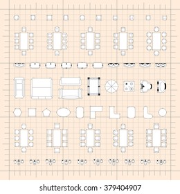 Set of simple 2d flat vector icons furniture for floor plan outline on blueprint technical grid background