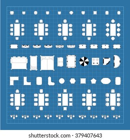 Set of simple 2d flat vector icons furniture for floor plan outline on blueprint technical grid background