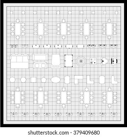 Set of simple 2d flat vector icons furniture for floor plan outline on blueprint technical grid background