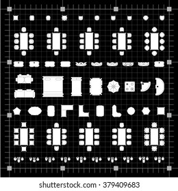 Set of simple 2d flat vector icons furniture for floor plan outline on blueprint technical grid background