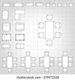 Set of simple 2d flat vector icons furniture for floor plan outline on blueprint technical grid background