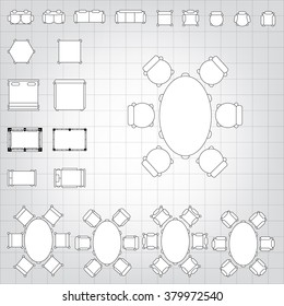 Set of simple 2d flat vector icons furniture for floor plan outline on blueprint technical grid background