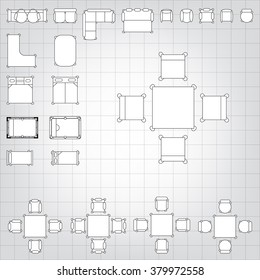 Set of simple 2d flat vector icons furniture for floor plan outline on blueprint technical grid background