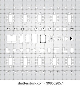 Set of simple 2d flat vector icons furniture for floor plan outline on blueprint technical grid background