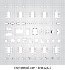 Set of simple 2d flat vector icons furniture for floor plan outline on blueprint technical grid background