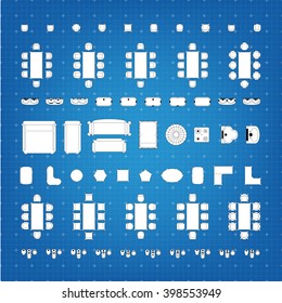 Set of simple 2d flat vector icons furniture for floor plan outline on blueprint technical grid background